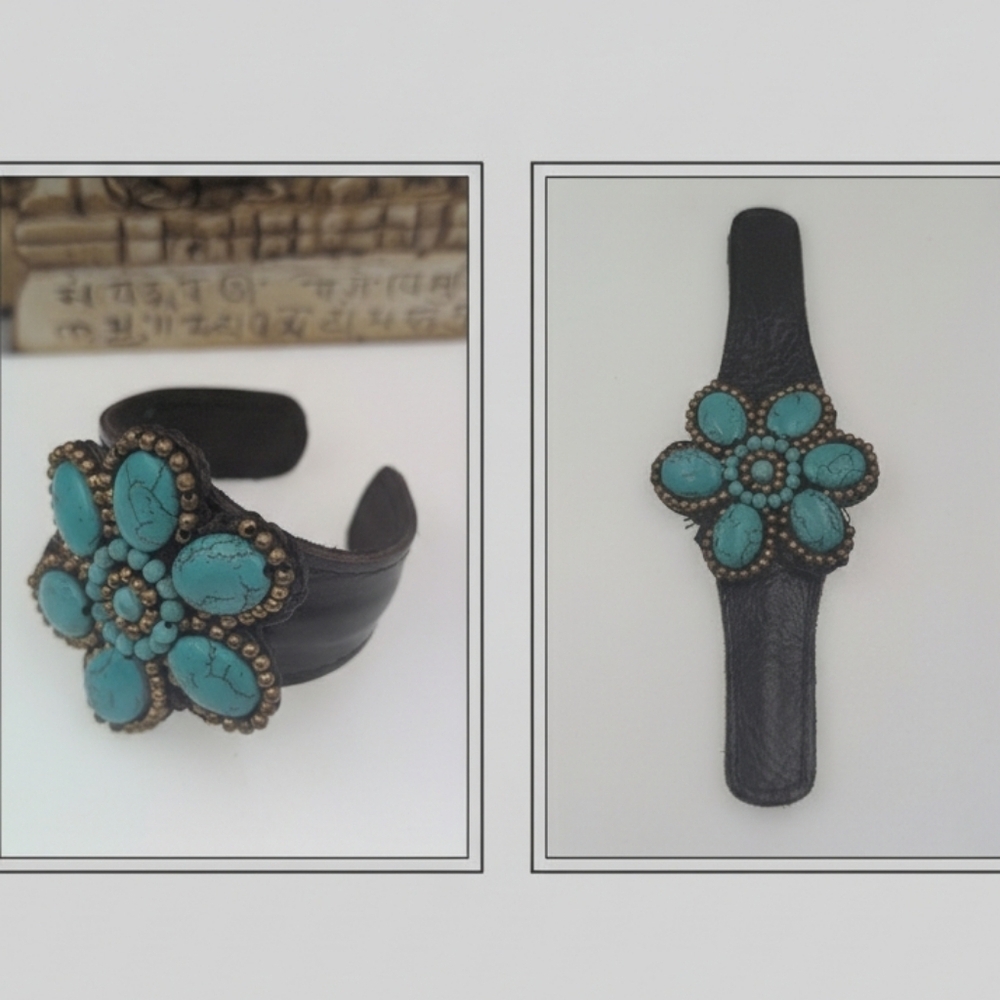 Handcrafted Turquoise and beaded bending leather cuff bracelet